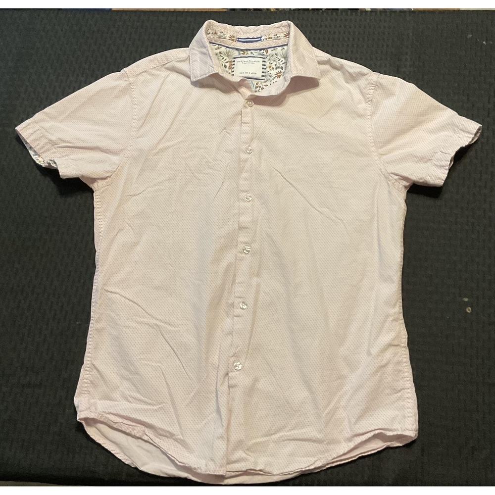 Denim & Flower Shirt Mens Small Pink‎ Micro Dot Short Sleeve Button Down Cotton